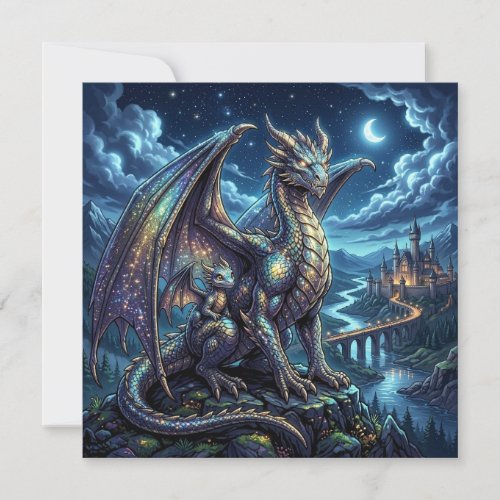 Moonlit Celestial Father and Son Dragons Blank Card