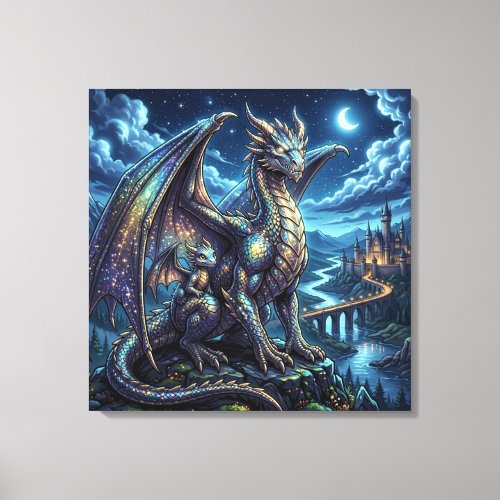 Moonlit Celestial Father and Son Dragons   Canvas Print