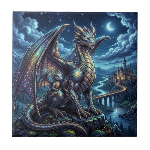 Moonlit Celestial Father and Son Dragons   Ceramic Tile