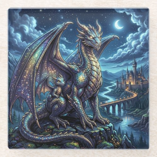 Moonlit Celestial Father and Son Dragons   Glass Coaster