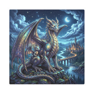 Moonlit Celestial Father and Son Dragons Metal Print