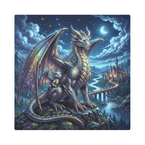 Moonlit Celestial Father and Son Dragons   Metal Print