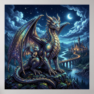 Moonlit Celestial Father and Son Dragons Poster