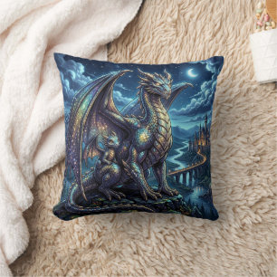 Moonlit Celestial Father and Son Dragons Throw Pillow