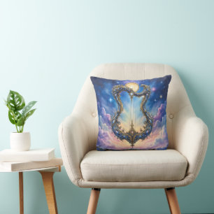 Moonlit Celestial Harp – Dreamy Cosmic Fantasy Art Throw Pillow