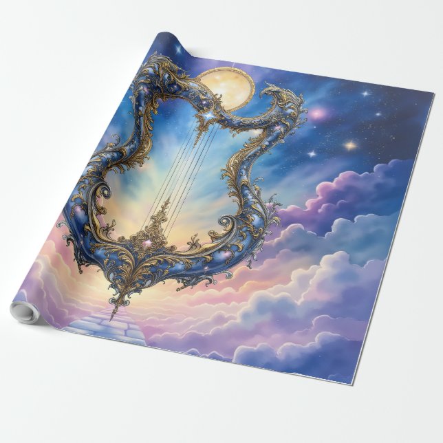 Moonlit Celestial Harp – Dreamy Cosmic Fantasy Art Wrapping Paper (Unrolled)