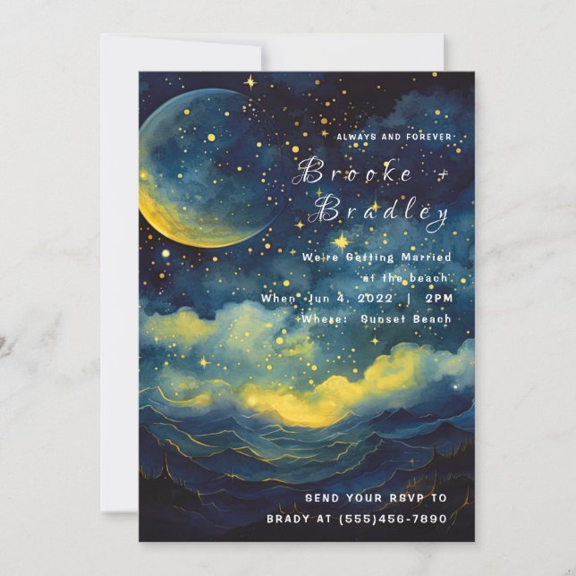 Moonlit Celestial Waves Wedding Invitation (Front)