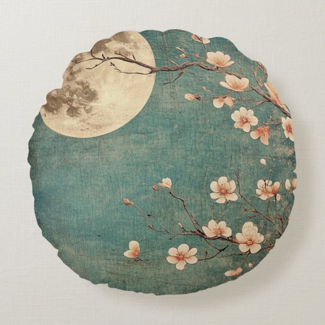 Moonlit Cherry Blossom Serenity Round Pillow (Front)