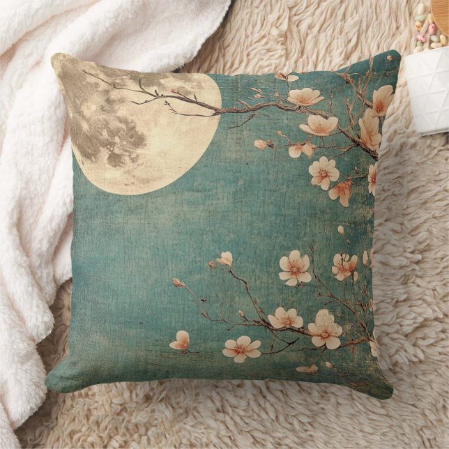 Moonlit Cherry Blossom Serenity Throw Pillow (Blanket)
