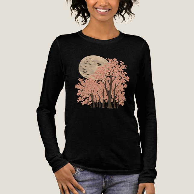 Moonlit Cherry Blossom Trees Art Long Sleeve shirt (Front)