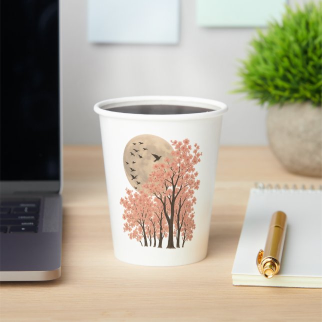 Moonlit Cherry Blossom Trees Nature Art 8oz Paper  Paper Cups (Insitu)