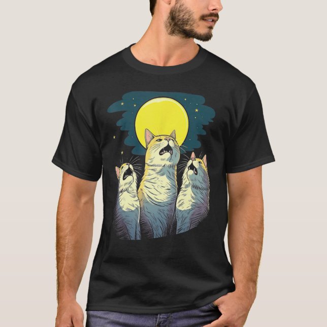 Moonlit Chorus Trio of Cats Singing Melodies T-Shirt (Front)
