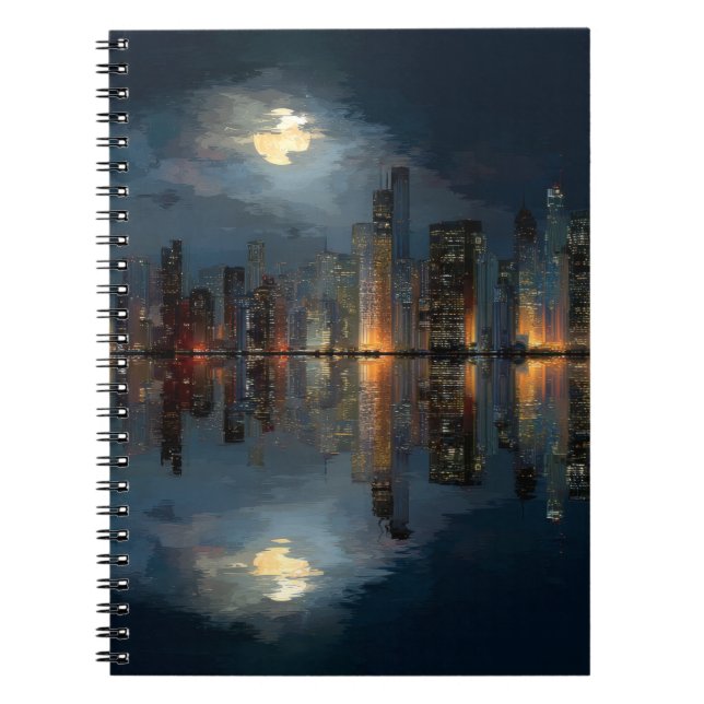 Moonlit City Skyline Reflection Notebook (Front)
