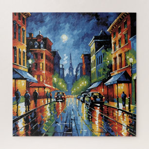 Moonlit City Street Jigsaw Puzzle
