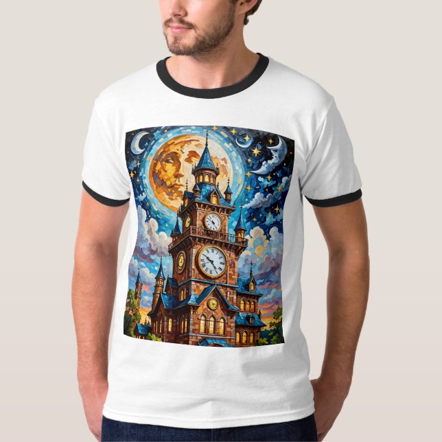 Moonlit Clock Tower Fantasy Art Tshirt (Front)