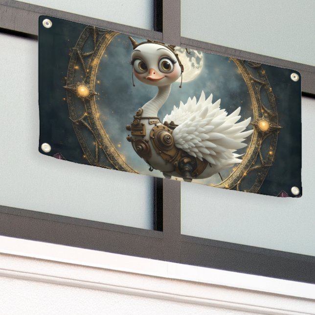 Moonlit Clockwork Swan – Keeper of Curious Dreams. Banner (Outside Building)