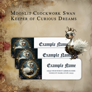 Moonlit Clockwork Swan – Keeper of Curious Dreams. Label