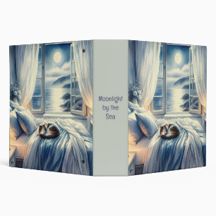 Moonlit Coastal Bedroom with Sleeping Cat 3 Ring Binder