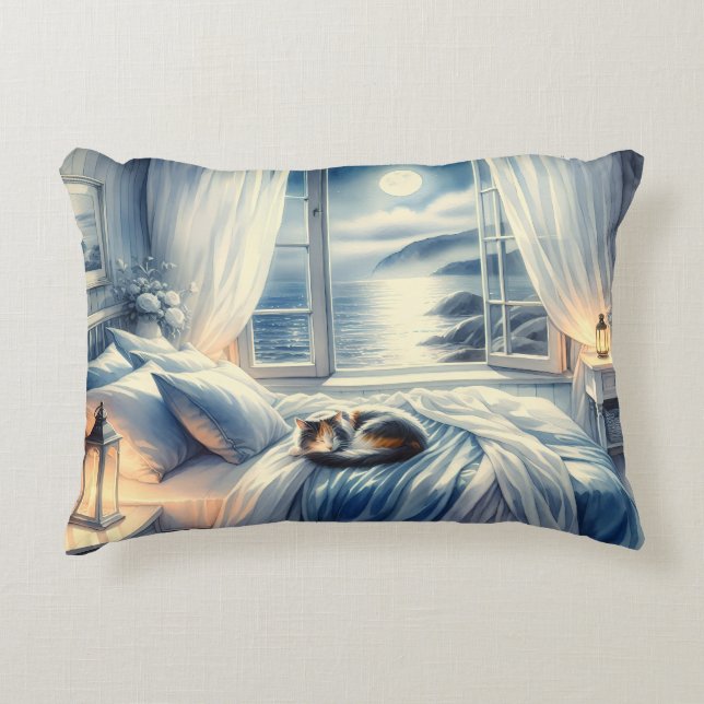 Moonlit Coastal Bedroom with Sleeping Cat Accent Pillow (Front)