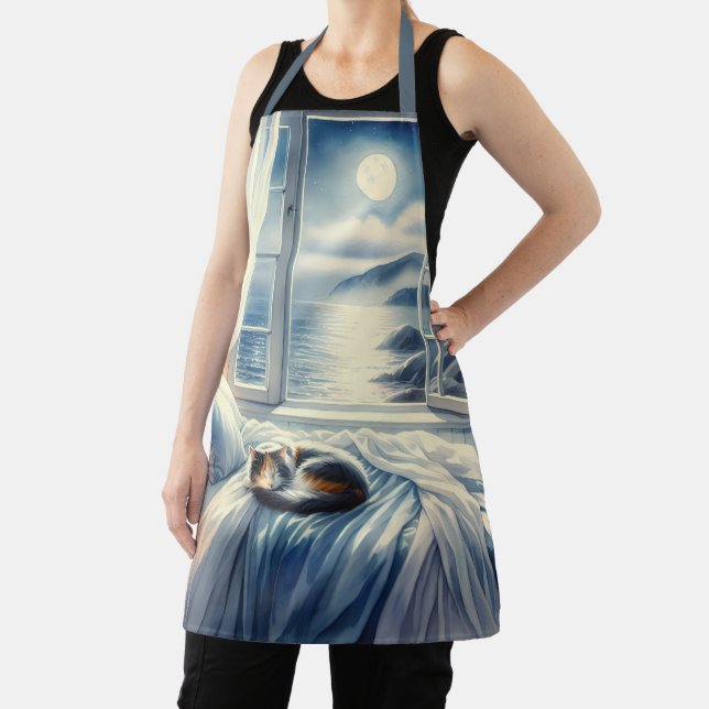 Moonlit Coastal Bedroom with Sleeping Cat Apron (Insitu)