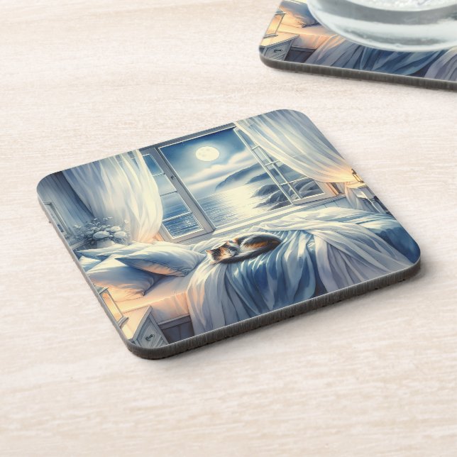Moonlit Coastal Bedroom with Sleeping Cat Beverage Coaster (Left Side)