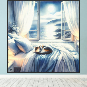 Moonlit Coastal Bedroom with Sleeping Cat Canvas Print