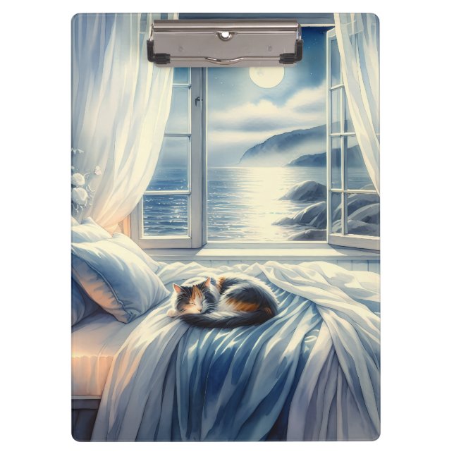 Moonlit Coastal Bedroom with Sleeping Cat Clipboard (Front)