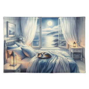 Moonlit Coastal Bedroom with Sleeping Cat Cloth Placemat
