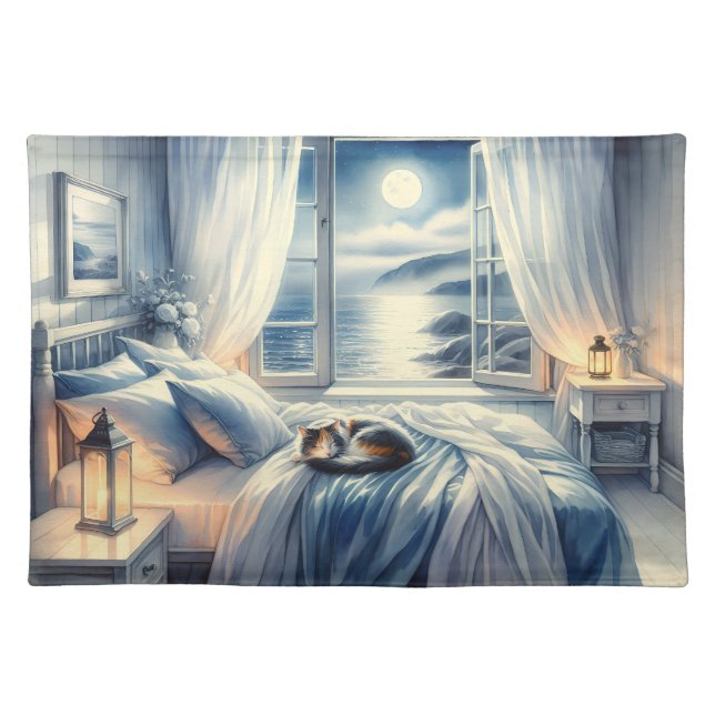 Moonlit Coastal Bedroom with Sleeping Cat Cloth Placemat (Front)
