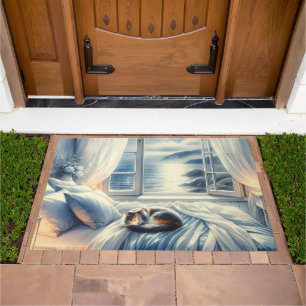 Moonlit Coastal Bedroom with Sleeping Cat Doormat