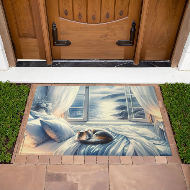 Moonlit Coastal Bedroom with Sleeping Cat Doormat (Outdoor)