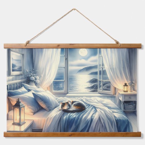 Moonlit Coastal Bedroom with Sleeping Cat Hanging Tapestry