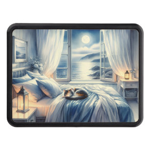 Moonlit Coastal Bedroom with Sleeping Cat Hitch Cover