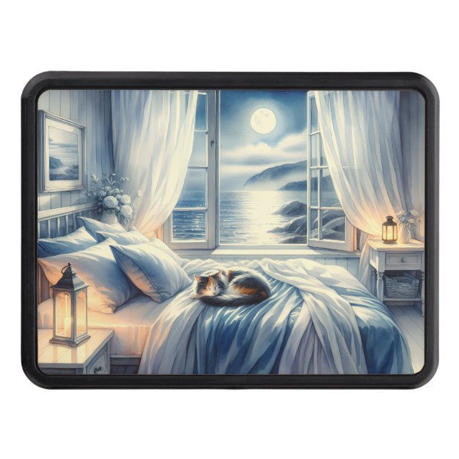 Moonlit Coastal Bedroom with Sleeping Cat Hitch Cover (Front)