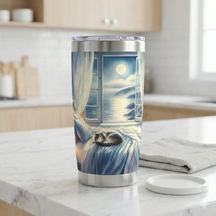 Moonlit Coastal Bedroom with Sleeping Cat Insulated Tumbler