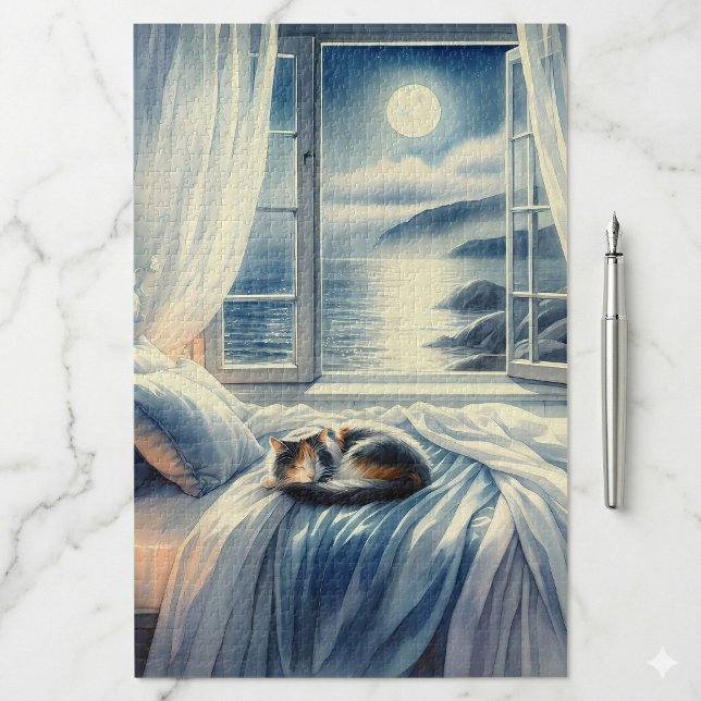 Moonlit Coastal Bedroom with Sleeping Cat Jigsaw Puzzle (Moonlit Coastal Bedroom with Sleeping Cat Jigsaw Puzzle)