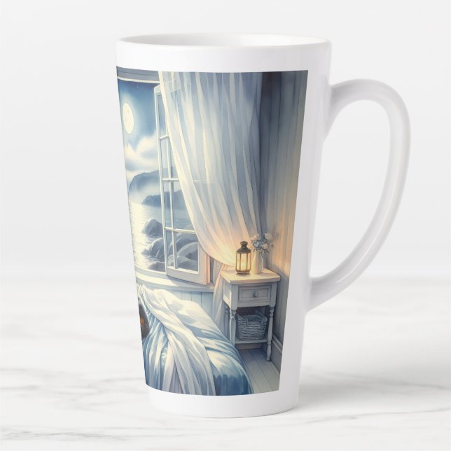 Moonlit Coastal Bedroom with Sleeping Cat Latte Mug (Right)