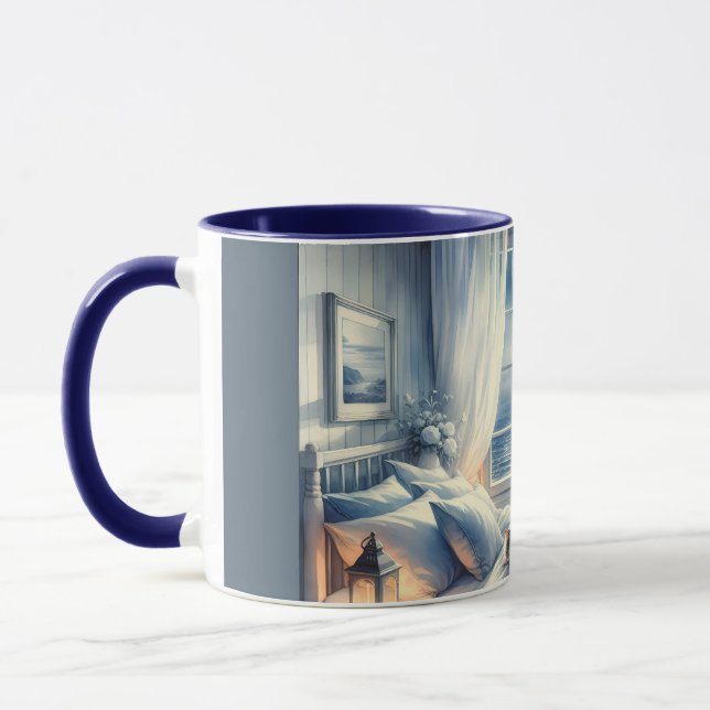 Moonlit Coastal Bedroom with Sleeping Cat Mug (Left)