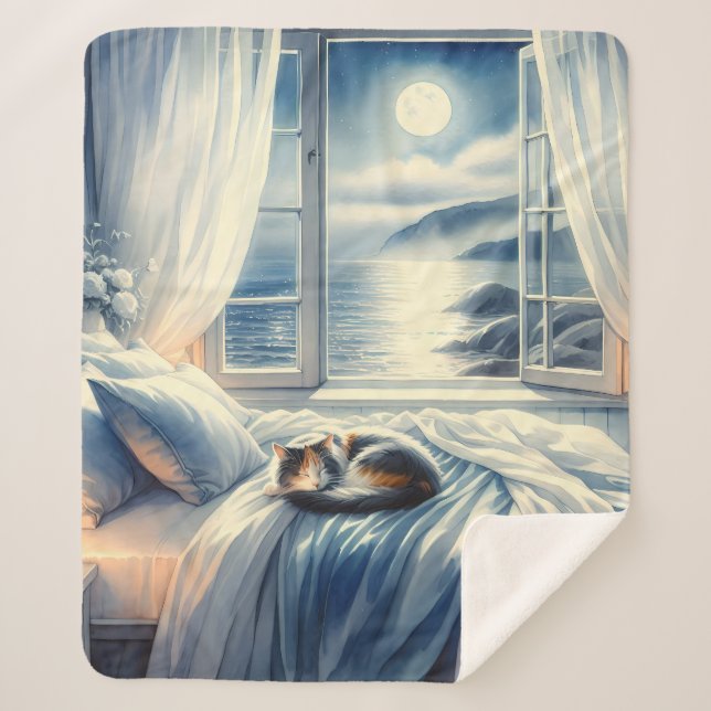 Moonlit Coastal Bedroom with Sleeping Cat Sherpa Blanket (Front)