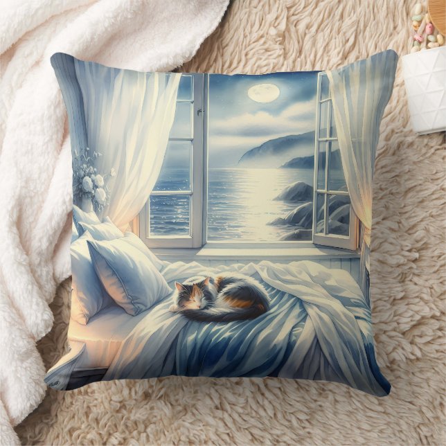 Moonlit Coastal Bedroom with Sleeping Cat Throw Pillow (Blanket)