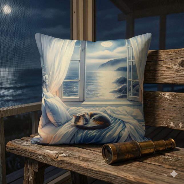 Moonlit Coastal Bedroom with Sleeping Cat Throw Pillow (Moonlit Coastal Bedroom with Sleeping Cat Throw Pillow Mockup A)