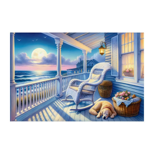 Moonlit Coastal Porch with Dog & Ocean View Acrylic Print (Front)