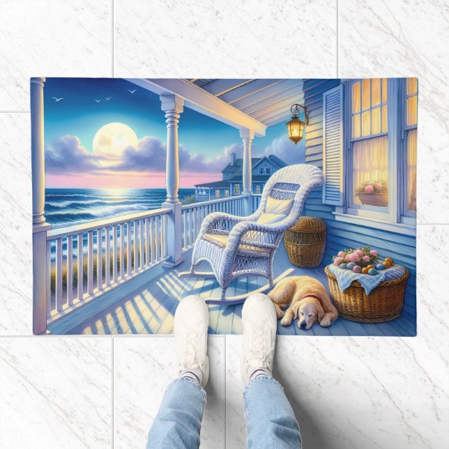 Moonlit Coastal Porch with Dog & Ocean View Doormat (Indoor)