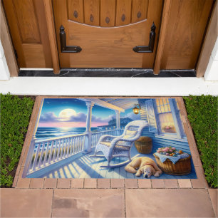 Moonlit Coastal Porch with Dog & Ocean View Doormat
