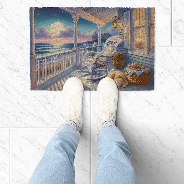 Moonlit Coastal Porch with Dog & Ocean View Fiber Doormat (Insitu)