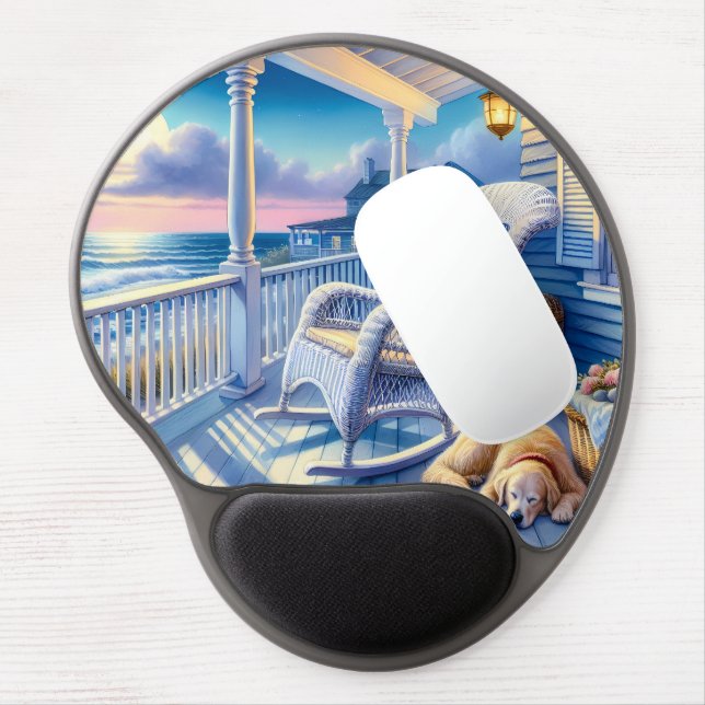 Moonlit Coastal Porch with Dog & Ocean View Gel Mouse Pad (Left Side)