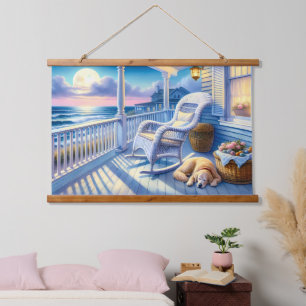 Moonlit Coastal Porch with Dog & Ocean View Hanging Tapestry