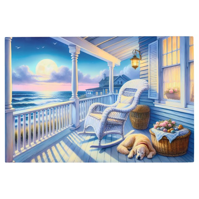Moonlit Coastal Porch with Dog & Ocean View Metal Print (Front)
