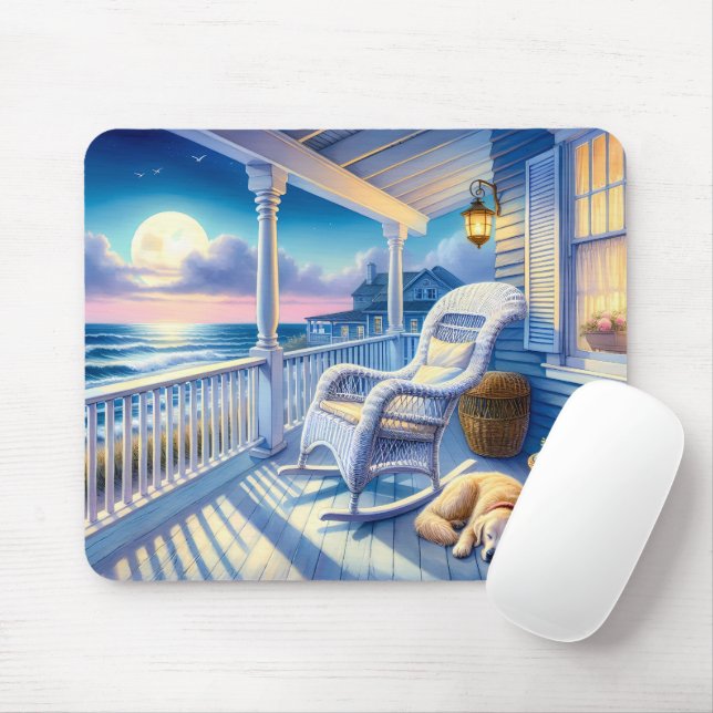 Moonlit Coastal Porch with Dog & Ocean View Mouse Pad (With Mouse)