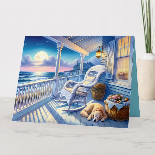 Moonlit Coastal Porch with Dog & Ocean View Thank You Card (Front)